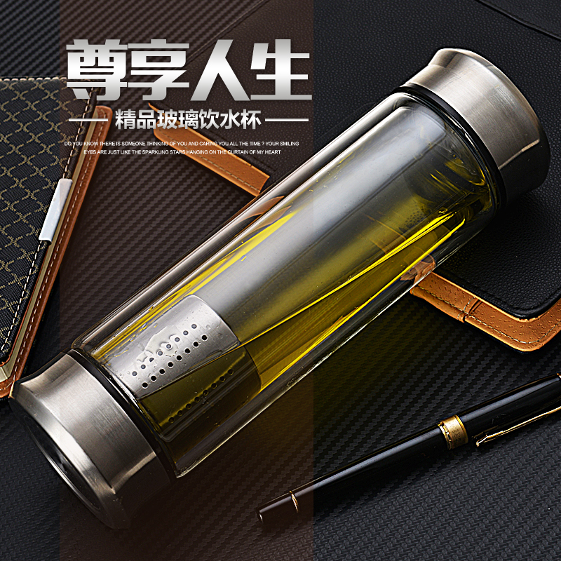 雙層防燙防爆雙蓋玻璃透明便攜車(chē)載男女泡茶玻璃杯