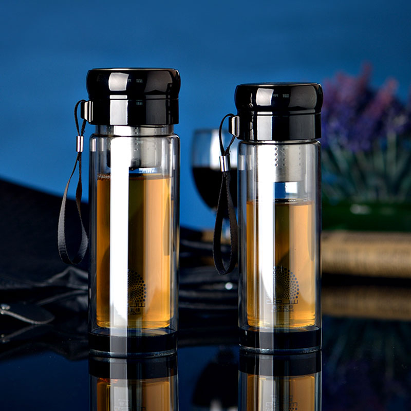 水晶雙層玻璃杯男士商務過濾泡茶杯透明水杯子定制刻字